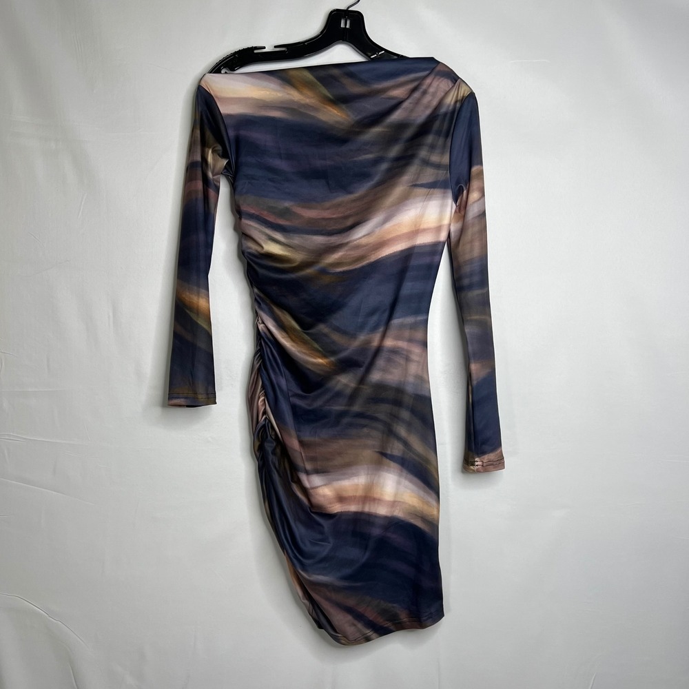 Multicolor Abstract Ruched Mini Dress Women M Long Sleeve Bodycon Off‎ Shoulder